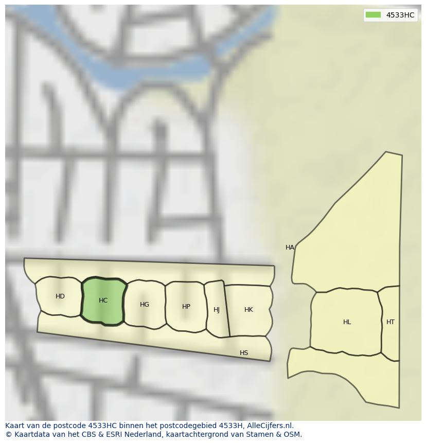 Afbeelding van het postcodegebied 4533 HC op de kaart.