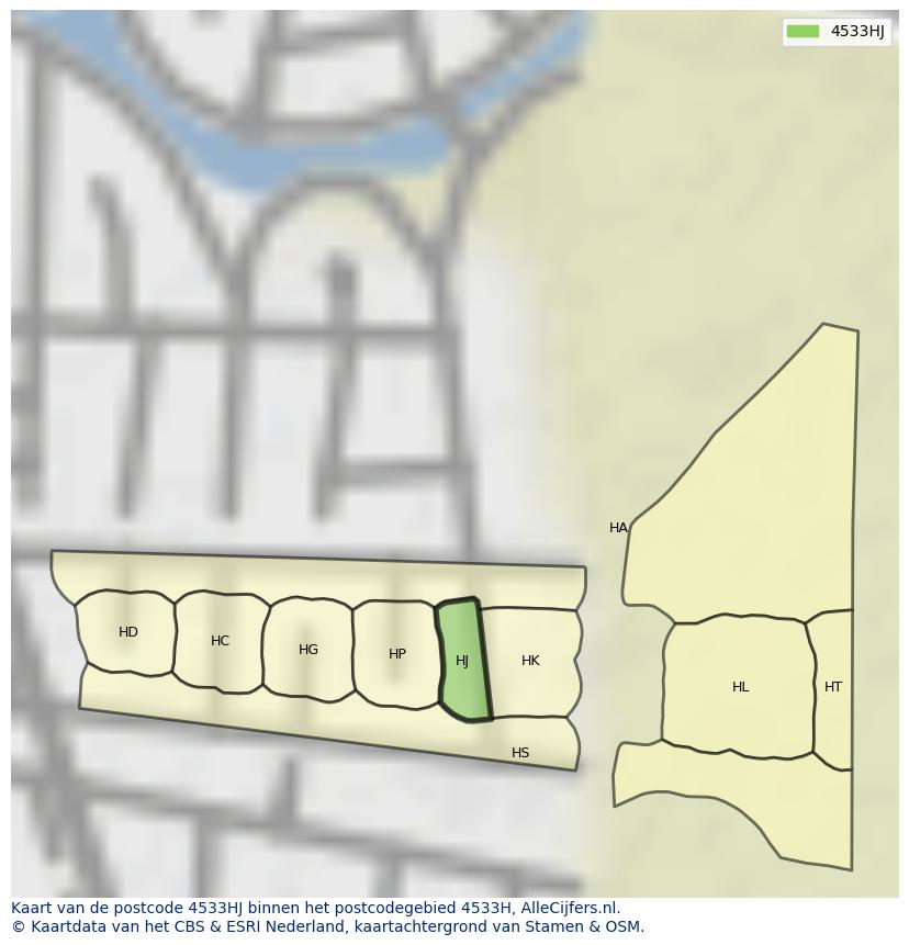 Afbeelding van het postcodegebied 4533 HJ op de kaart.