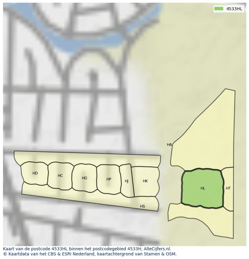 Afbeelding van het postcodegebied 4533 HL op de kaart.