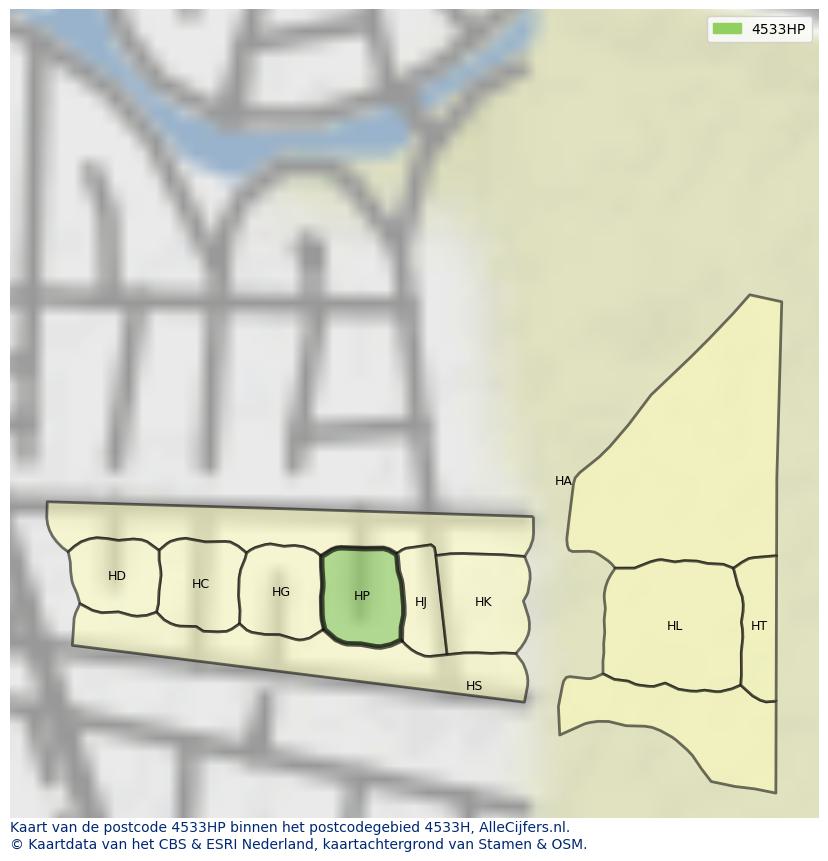 Afbeelding van het postcodegebied 4533 HP op de kaart.