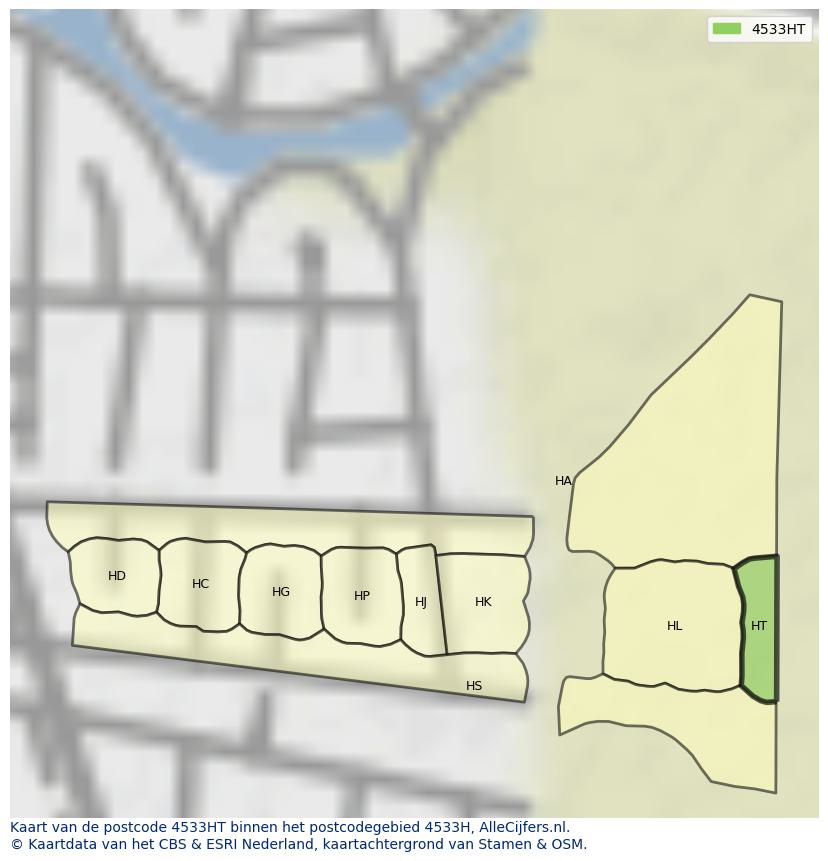 Afbeelding van het postcodegebied 4533 HT op de kaart.