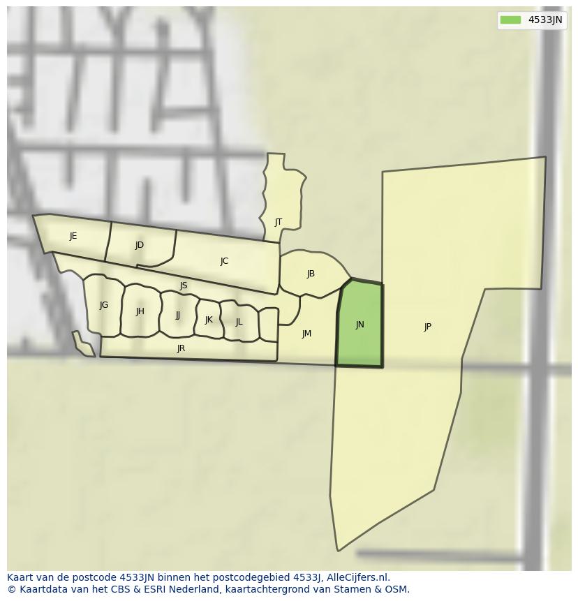Afbeelding van het postcodegebied 4533 JN op de kaart.