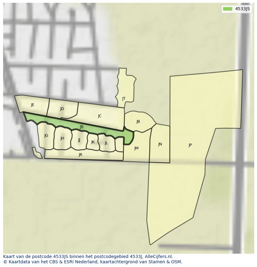 Afbeelding van het postcodegebied 4533 JS op de kaart.
