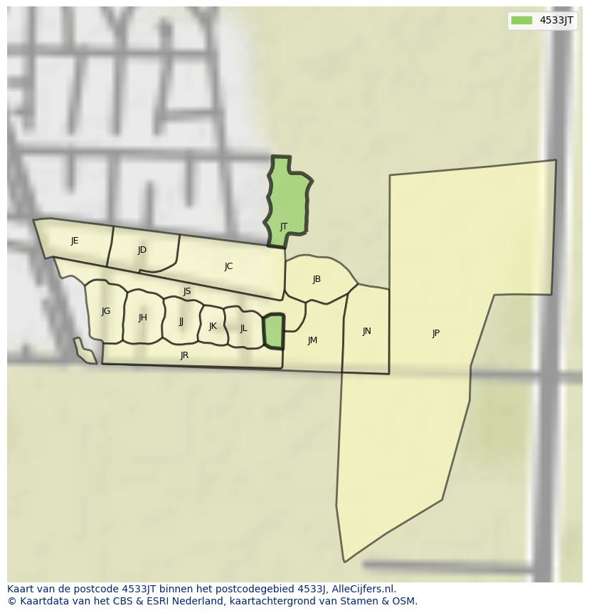 Afbeelding van het postcodegebied 4533 JT op de kaart.