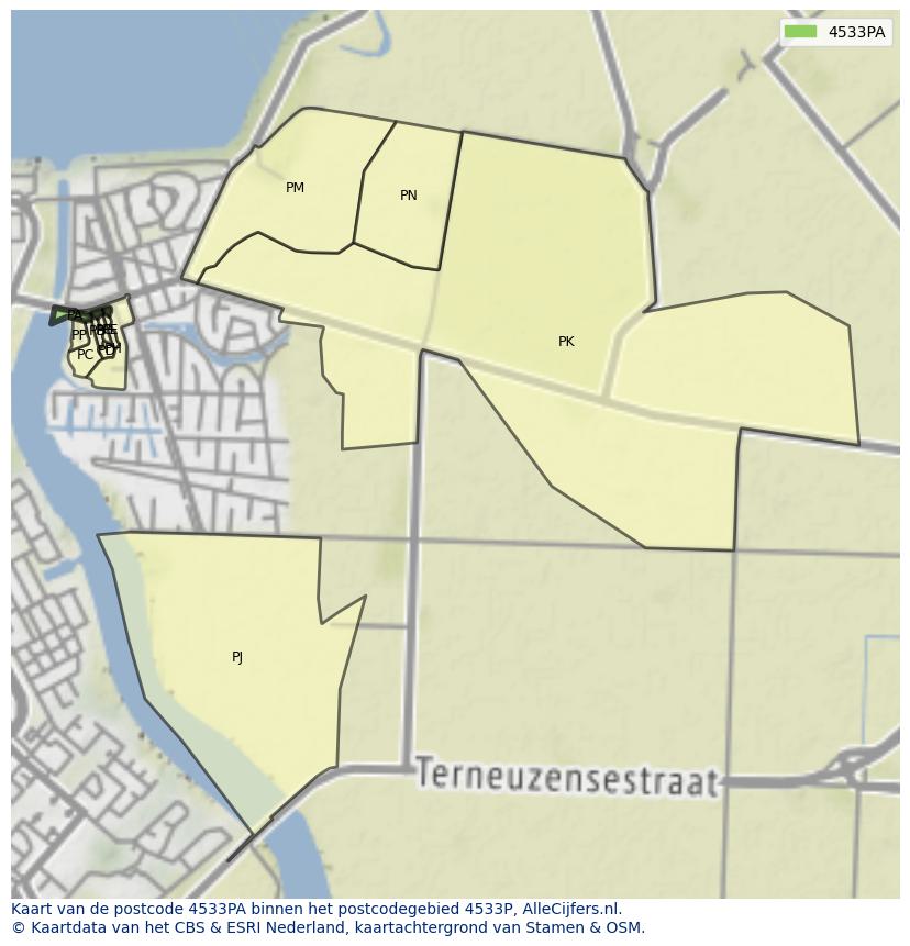 Afbeelding van het postcodegebied 4533 PA op de kaart.