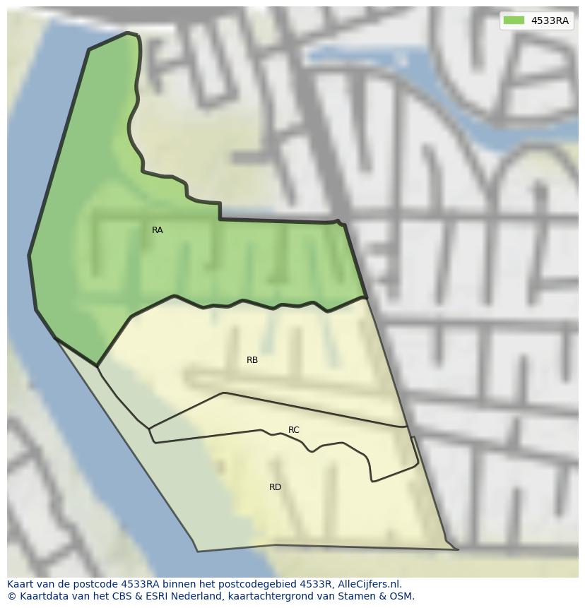 Afbeelding van het postcodegebied 4533 RA op de kaart.