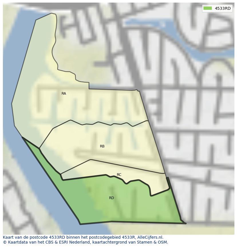 Afbeelding van het postcodegebied 4533 RD op de kaart.