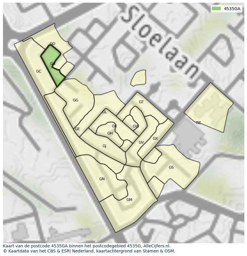 Afbeelding van het postcodegebied 4535 GA op de kaart.