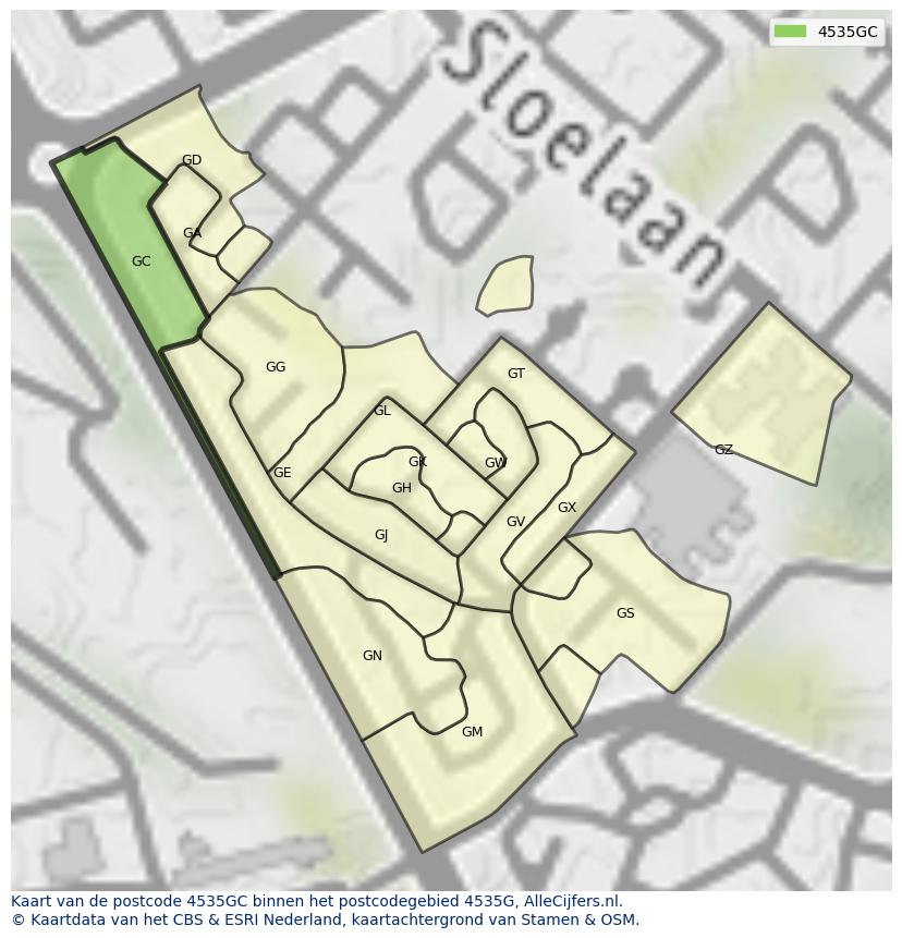 Afbeelding van het postcodegebied 4535 GC op de kaart.
