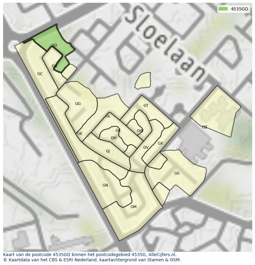 Afbeelding van het postcodegebied 4535 GD op de kaart.