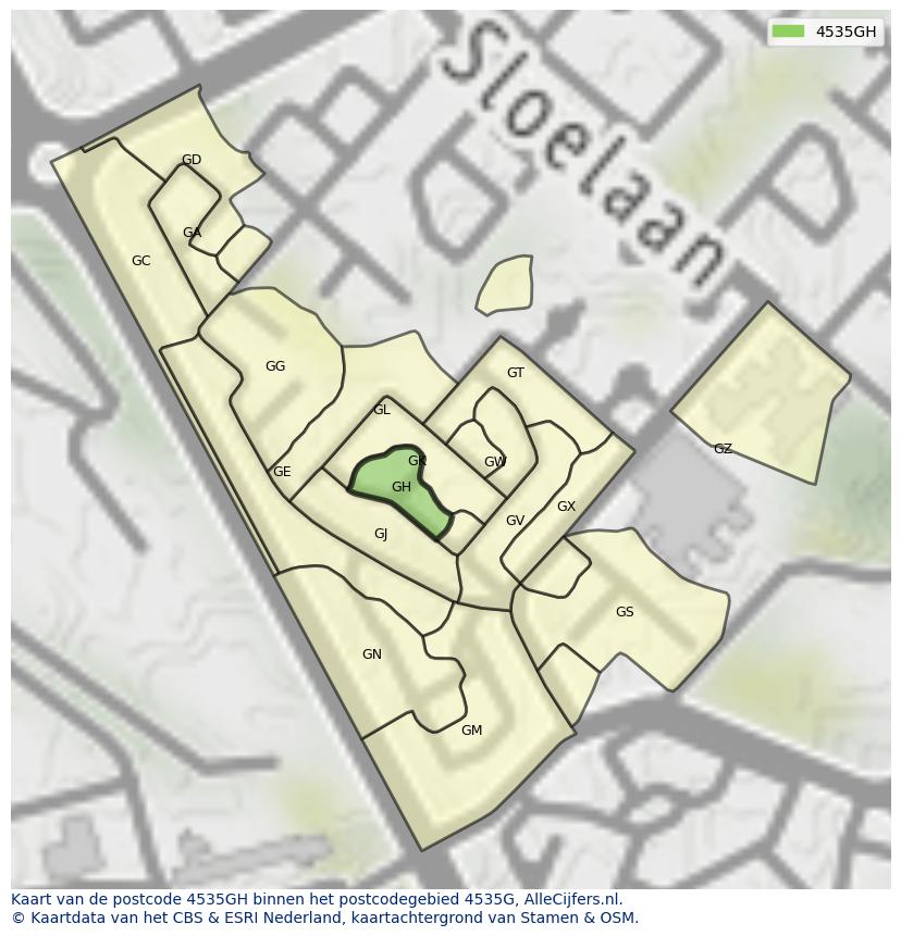 Afbeelding van het postcodegebied 4535 GH op de kaart.