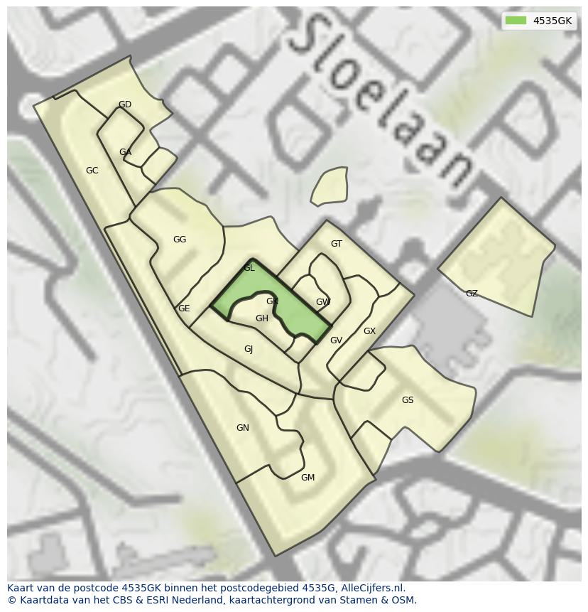Afbeelding van het postcodegebied 4535 GK op de kaart.