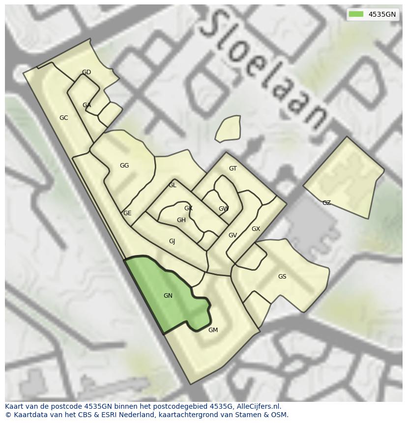 Afbeelding van het postcodegebied 4535 GN op de kaart.