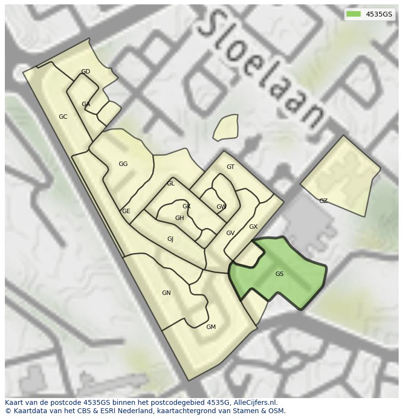 Afbeelding van het postcodegebied 4535 GS op de kaart.
