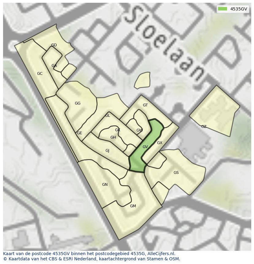 Afbeelding van het postcodegebied 4535 GV op de kaart.