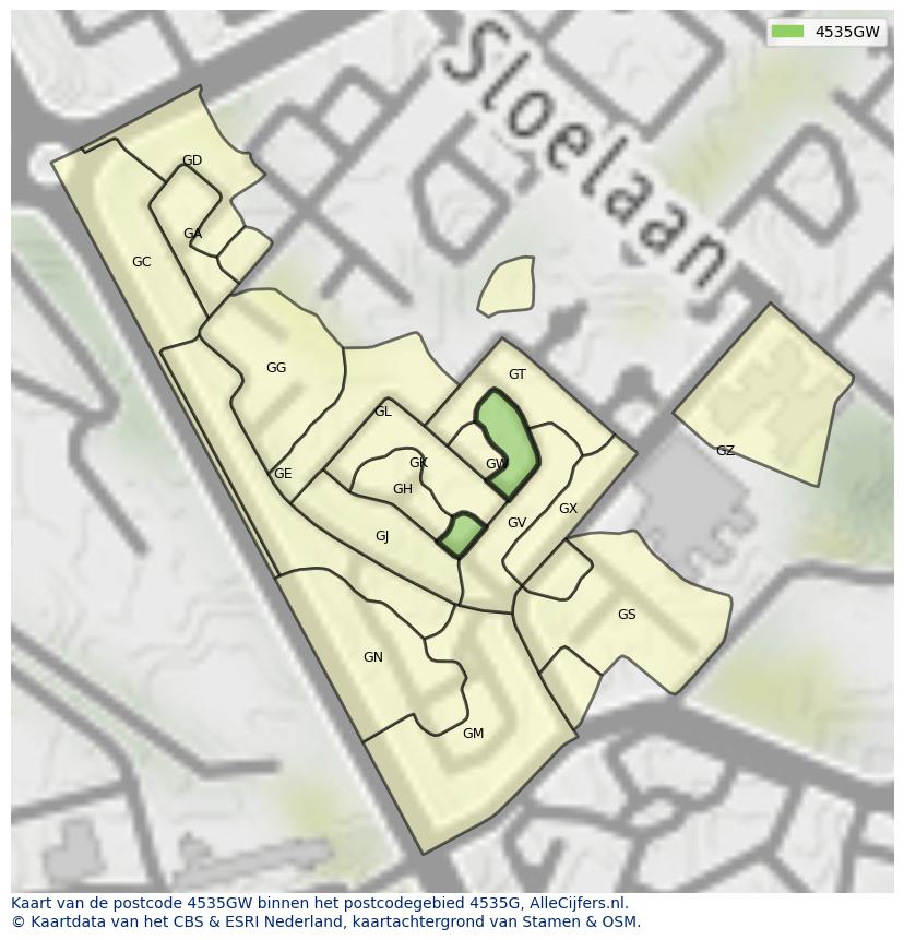 Afbeelding van het postcodegebied 4535 GW op de kaart.