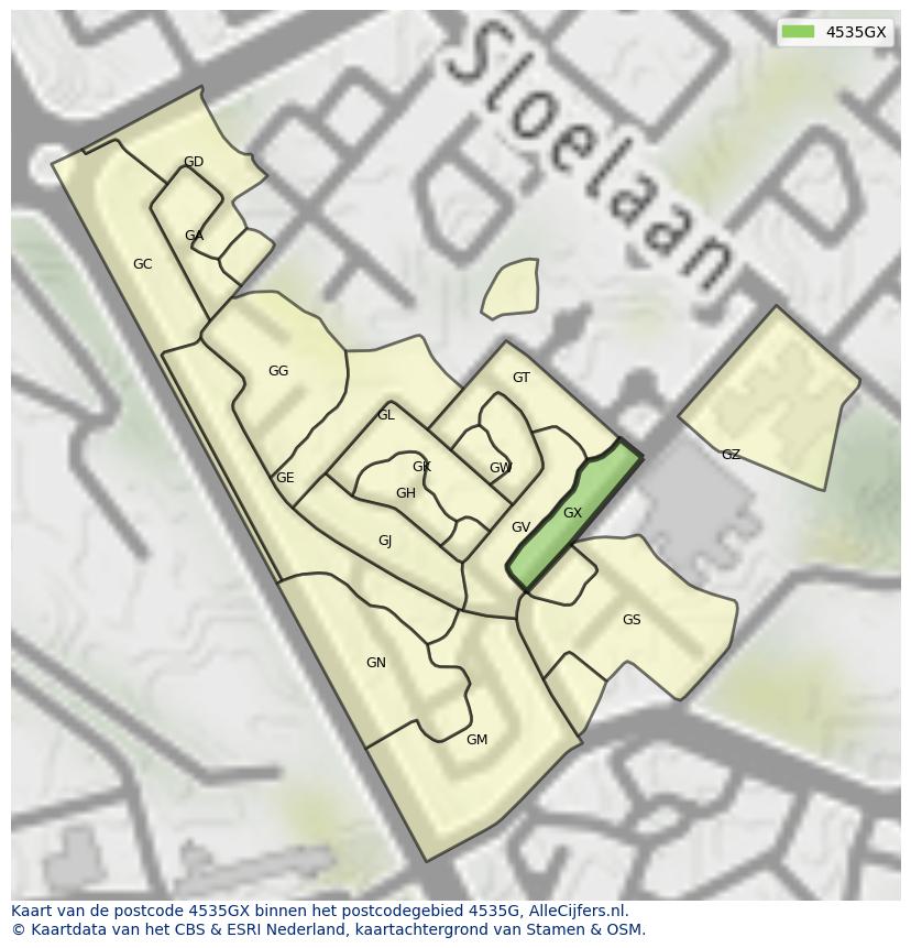Afbeelding van het postcodegebied 4535 GX op de kaart.
