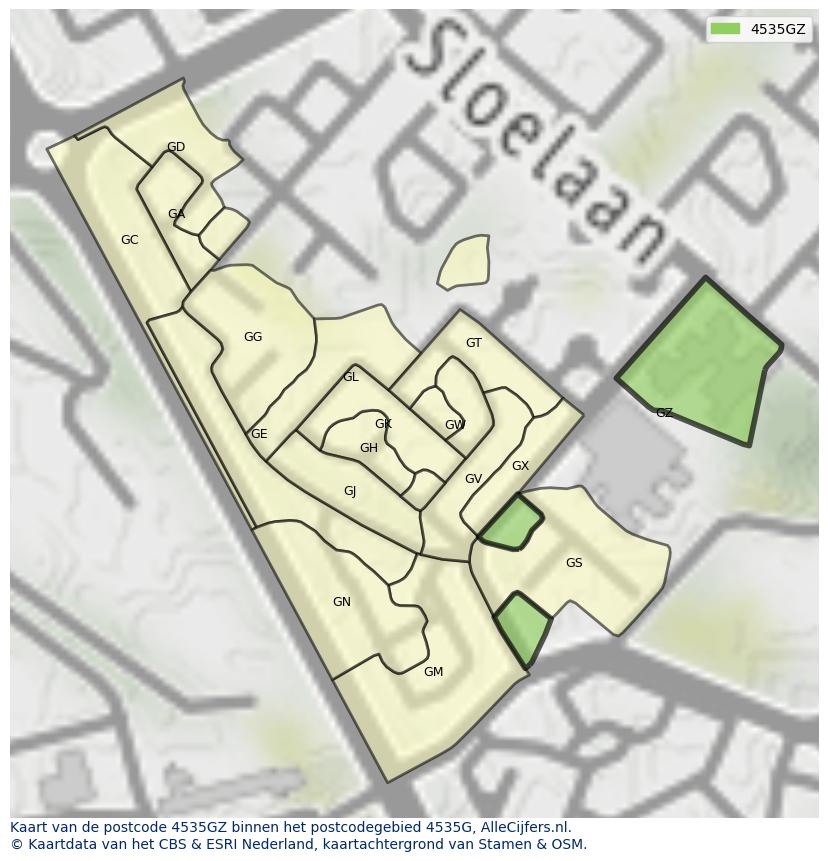 Afbeelding van het postcodegebied 4535 GZ op de kaart.