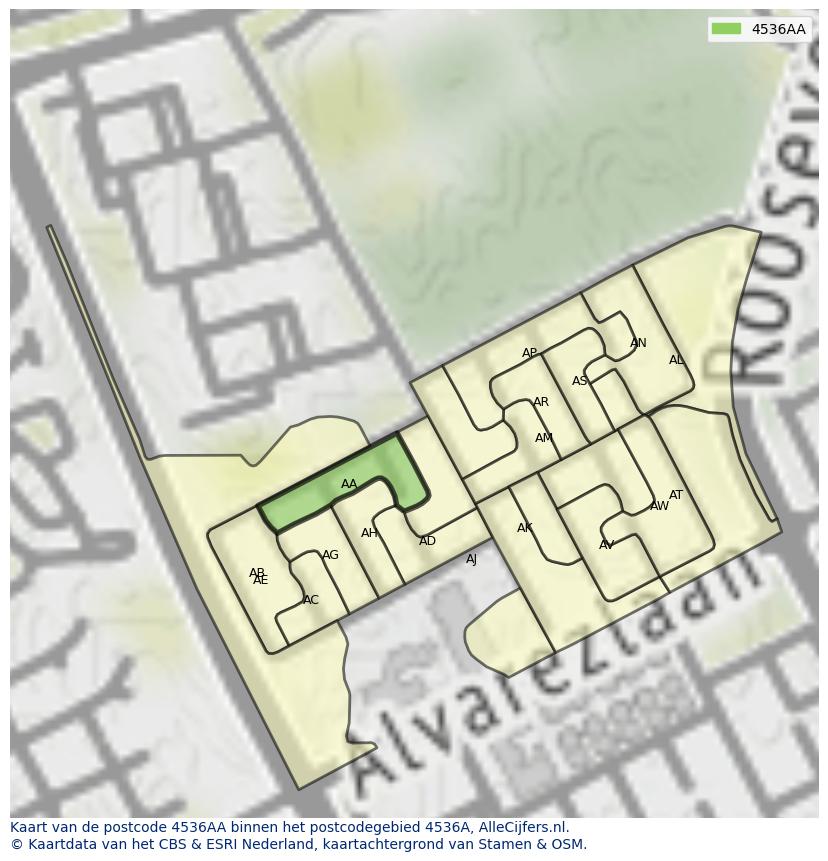 Afbeelding van het postcodegebied 4536 AA op de kaart.