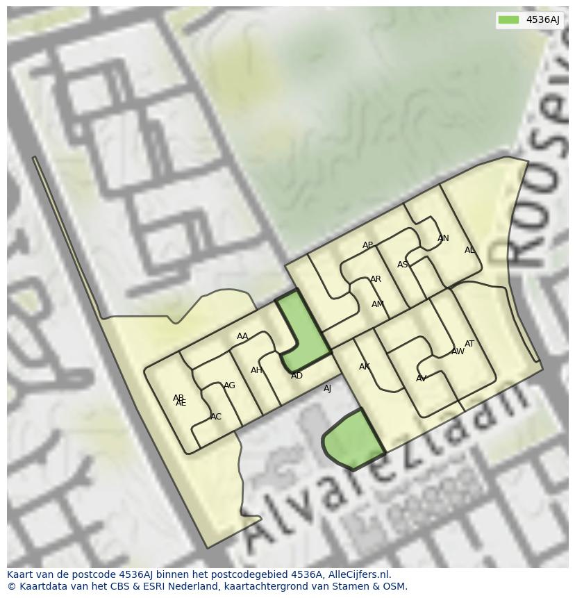 Afbeelding van het postcodegebied 4536 AJ op de kaart.