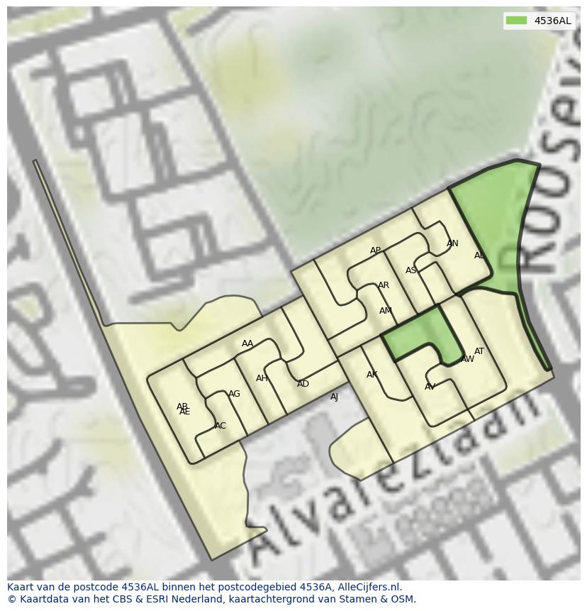 Afbeelding van het postcodegebied 4536 AL op de kaart.