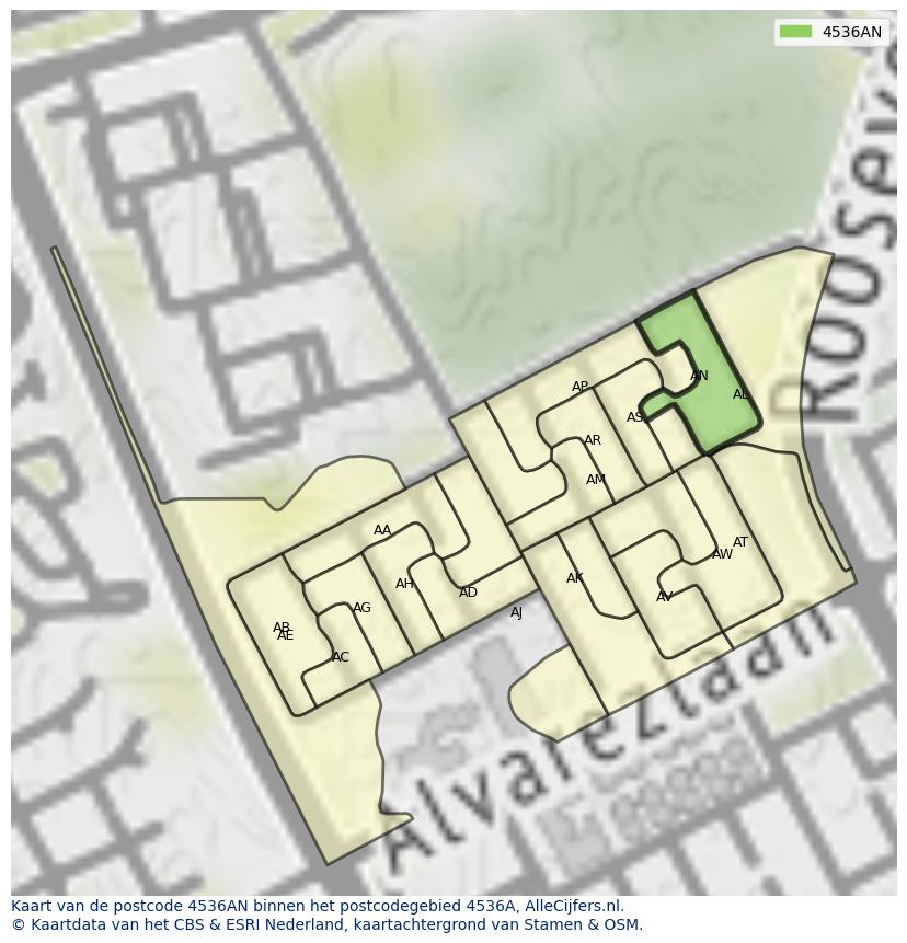 Afbeelding van het postcodegebied 4536 AN op de kaart.