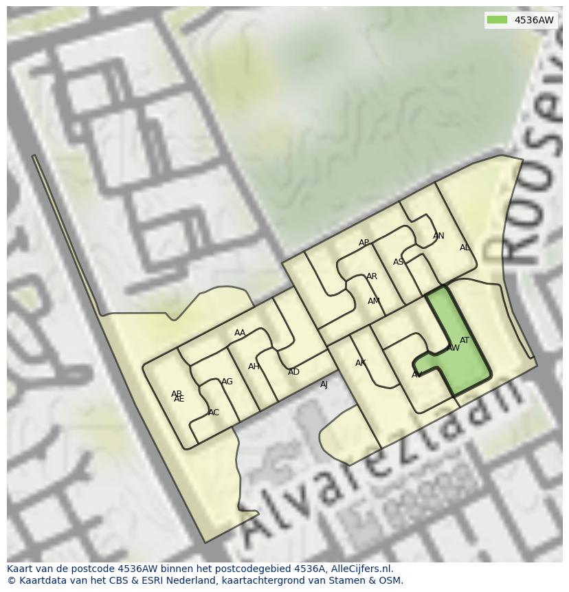 Afbeelding van het postcodegebied 4536 AW op de kaart.