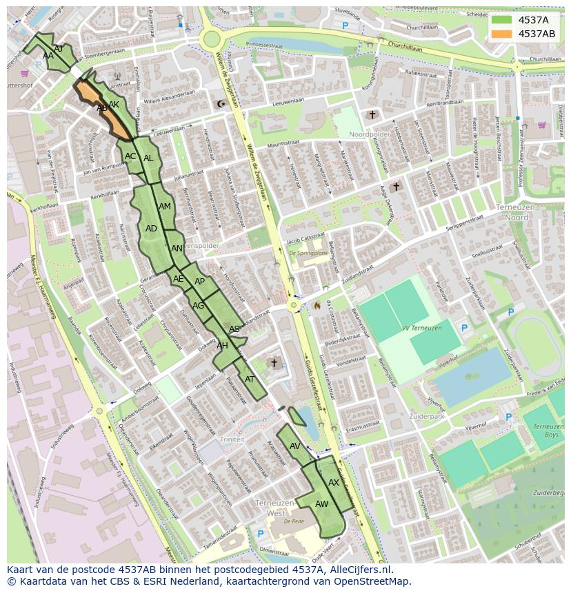Afbeelding van het postcodegebied 4537 AB op de kaart.