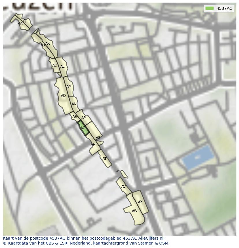 Afbeelding van het postcodegebied 4537 AG op de kaart.
