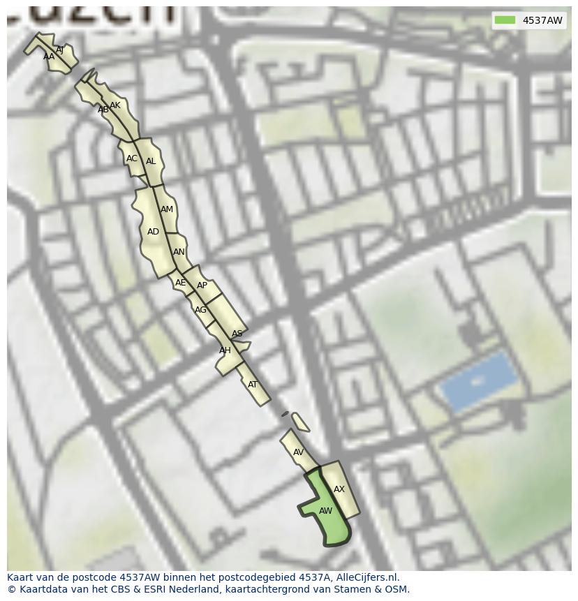Afbeelding van het postcodegebied 4537 AW op de kaart.