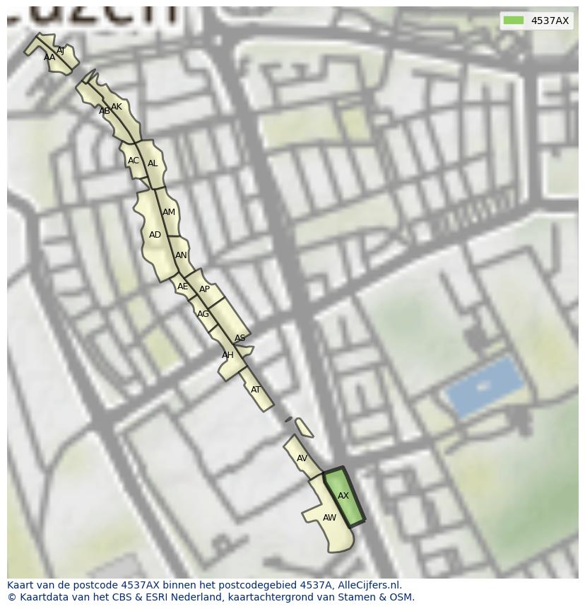 Afbeelding van het postcodegebied 4537 AX op de kaart.