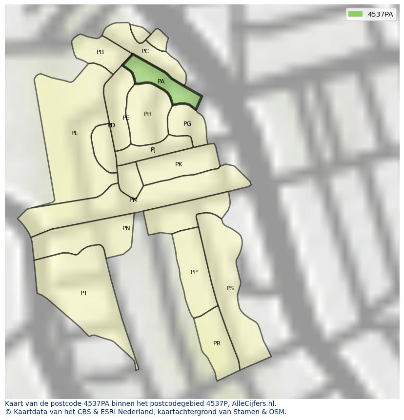 Afbeelding van het postcodegebied 4537 PA op de kaart.