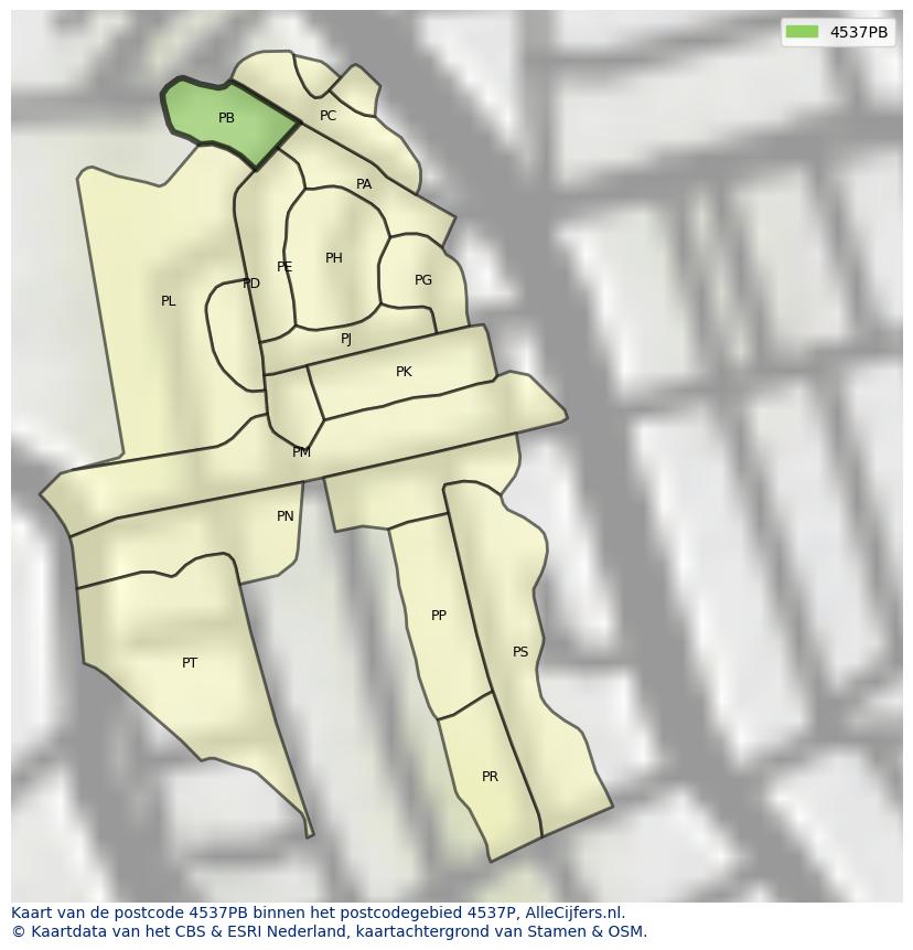 Afbeelding van het postcodegebied 4537 PB op de kaart.