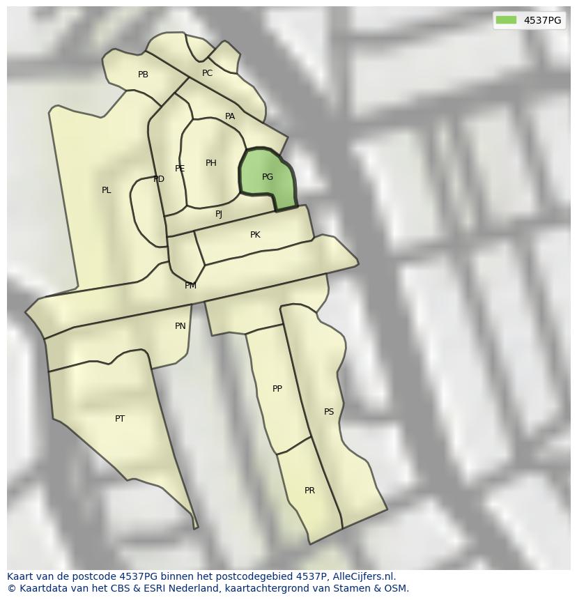 Afbeelding van het postcodegebied 4537 PG op de kaart.