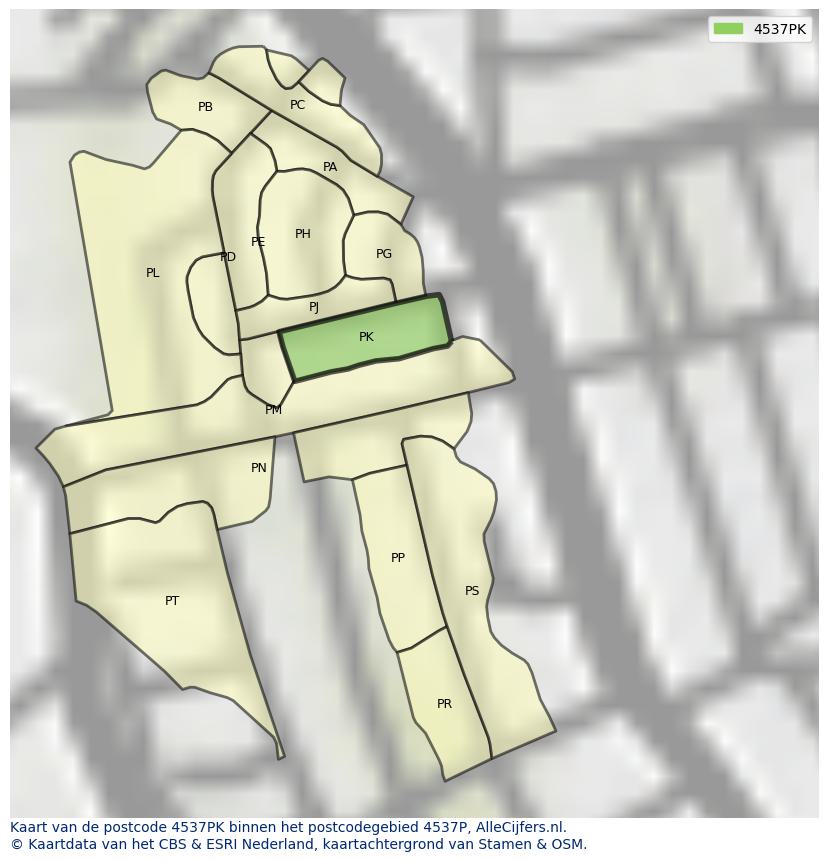 Afbeelding van het postcodegebied 4537 PK op de kaart.