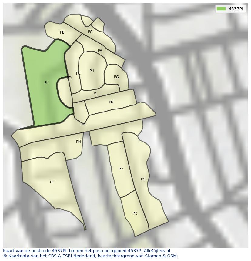 Afbeelding van het postcodegebied 4537 PL op de kaart.