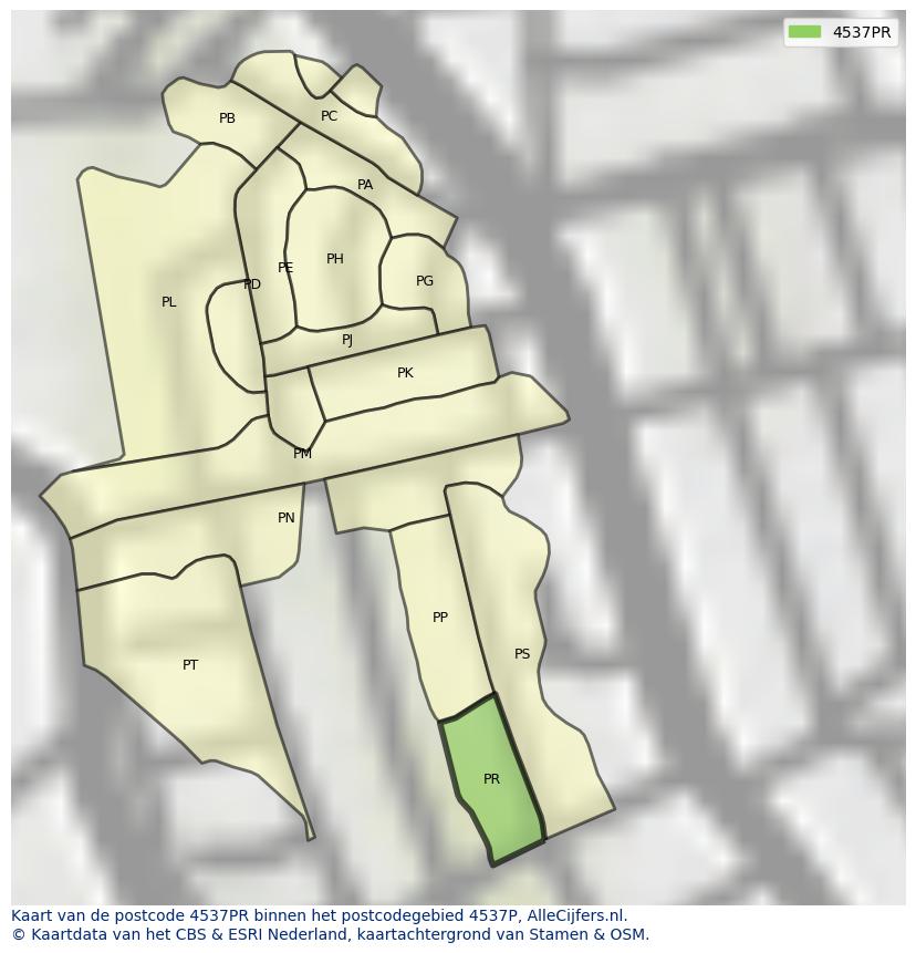 Afbeelding van het postcodegebied 4537 PR op de kaart.