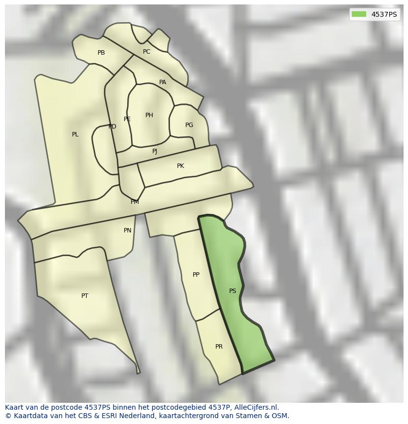 Afbeelding van het postcodegebied 4537 PS op de kaart.