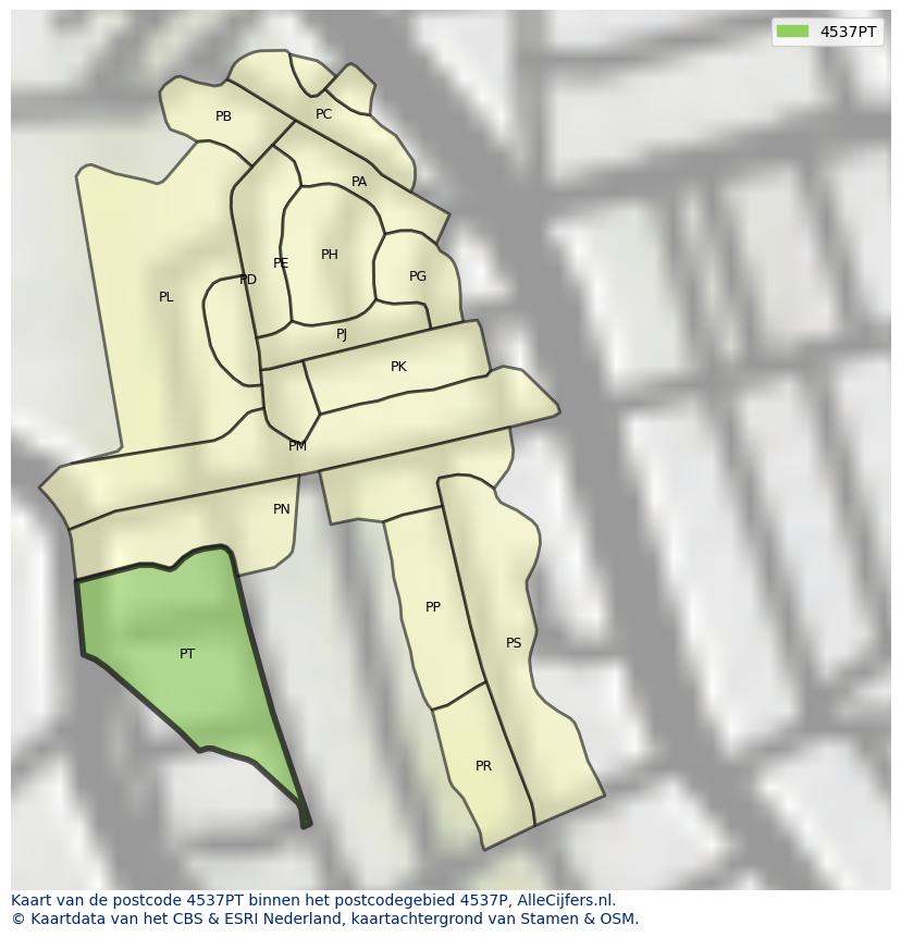 Afbeelding van het postcodegebied 4537 PT op de kaart.