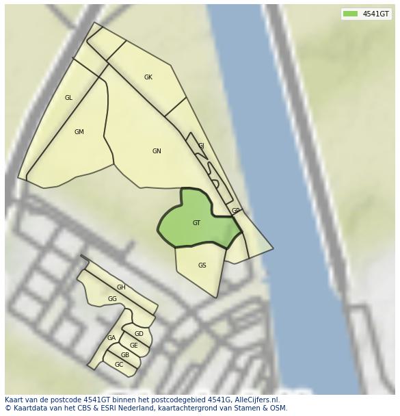 Afbeelding van het postcodegebied 4541 GT op de kaart.