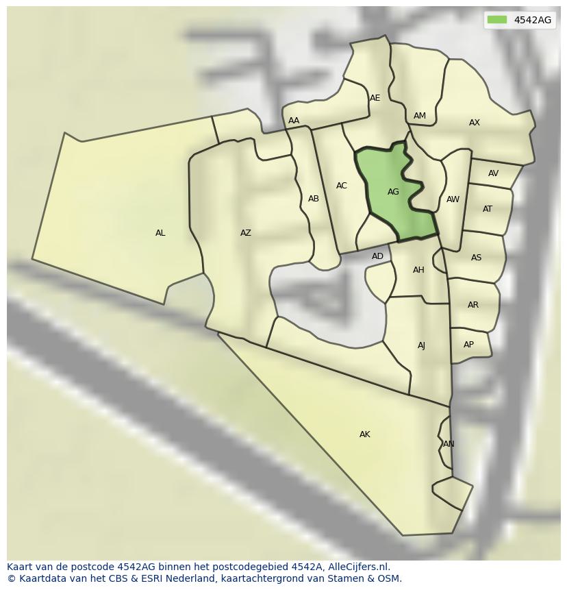 Afbeelding van het postcodegebied 4542 AG op de kaart.