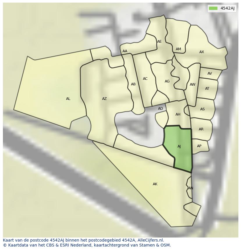 Afbeelding van het postcodegebied 4542 AJ op de kaart.