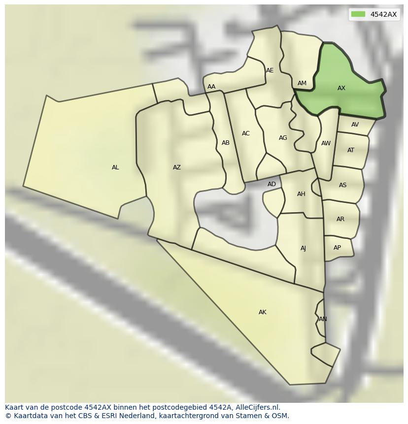Afbeelding van het postcodegebied 4542 AX op de kaart.