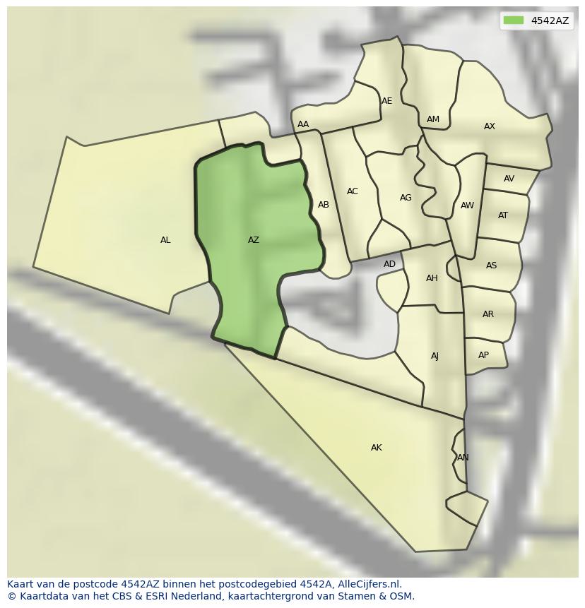 Afbeelding van het postcodegebied 4542 AZ op de kaart.