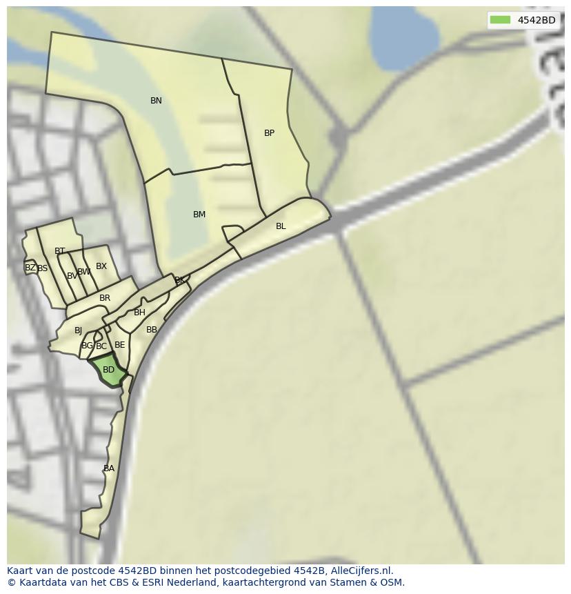 Afbeelding van het postcodegebied 4542 BD op de kaart.