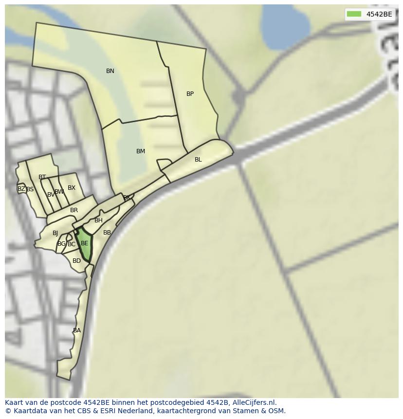 Afbeelding van het postcodegebied 4542 BE op de kaart.