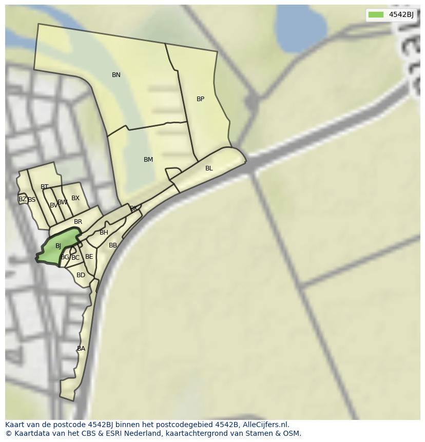 Afbeelding van het postcodegebied 4542 BJ op de kaart.