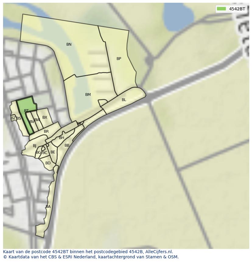 Afbeelding van het postcodegebied 4542 BT op de kaart.