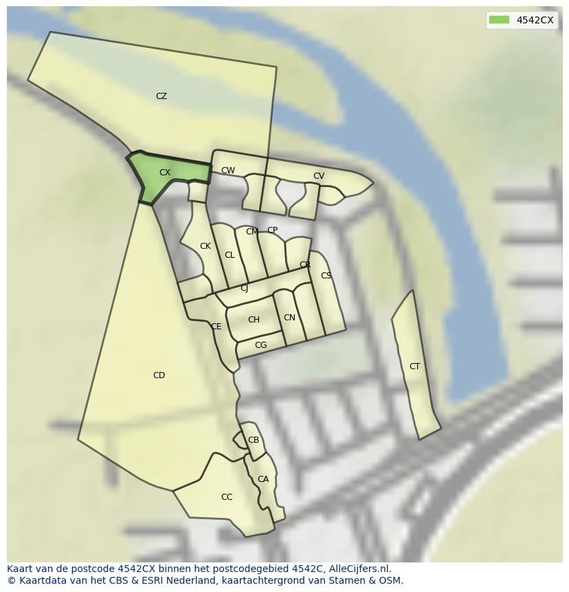 Afbeelding van het postcodegebied 4542 CX op de kaart.