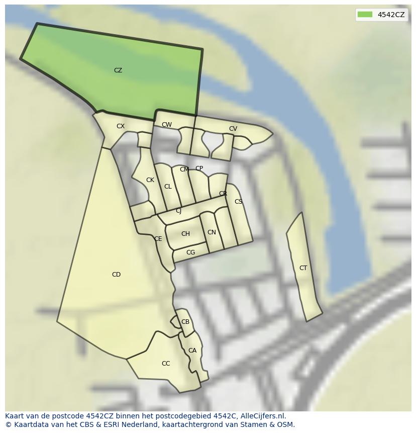 Afbeelding van het postcodegebied 4542 CZ op de kaart.